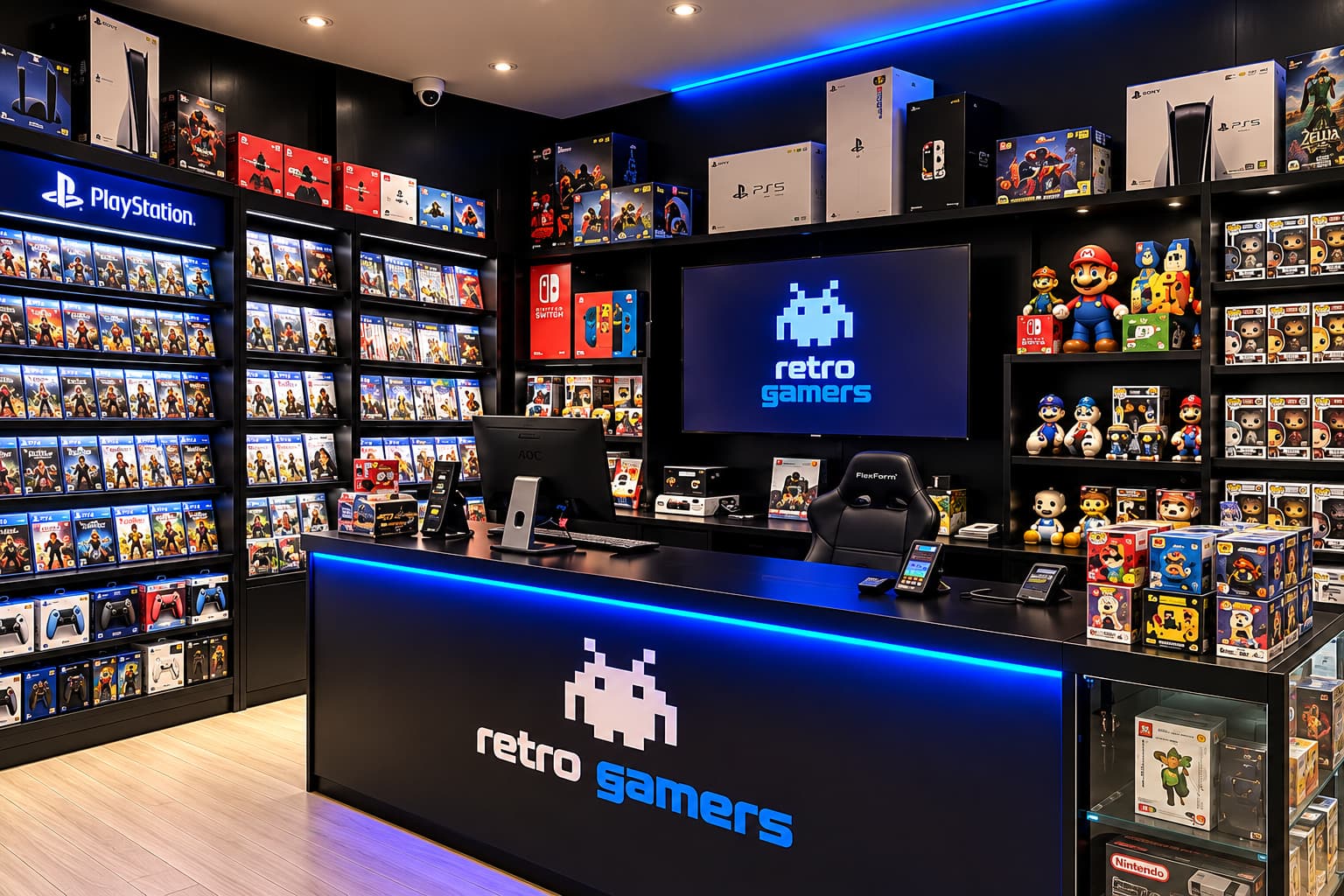 Balcão da Retro Gamers com neon azul, vitrines de jogos e colecionáveis