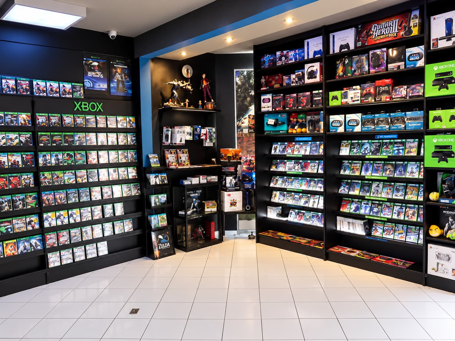 Paredes de jogos de Xbox e PlayStation dentro da loja